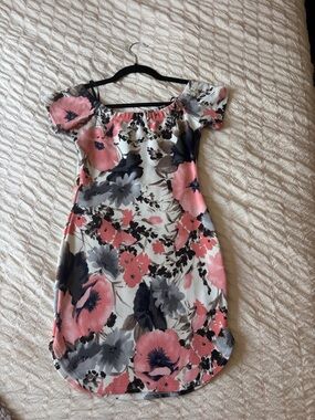 Papaya Pink & Gray Floral Off-Shoulder Mini Dress